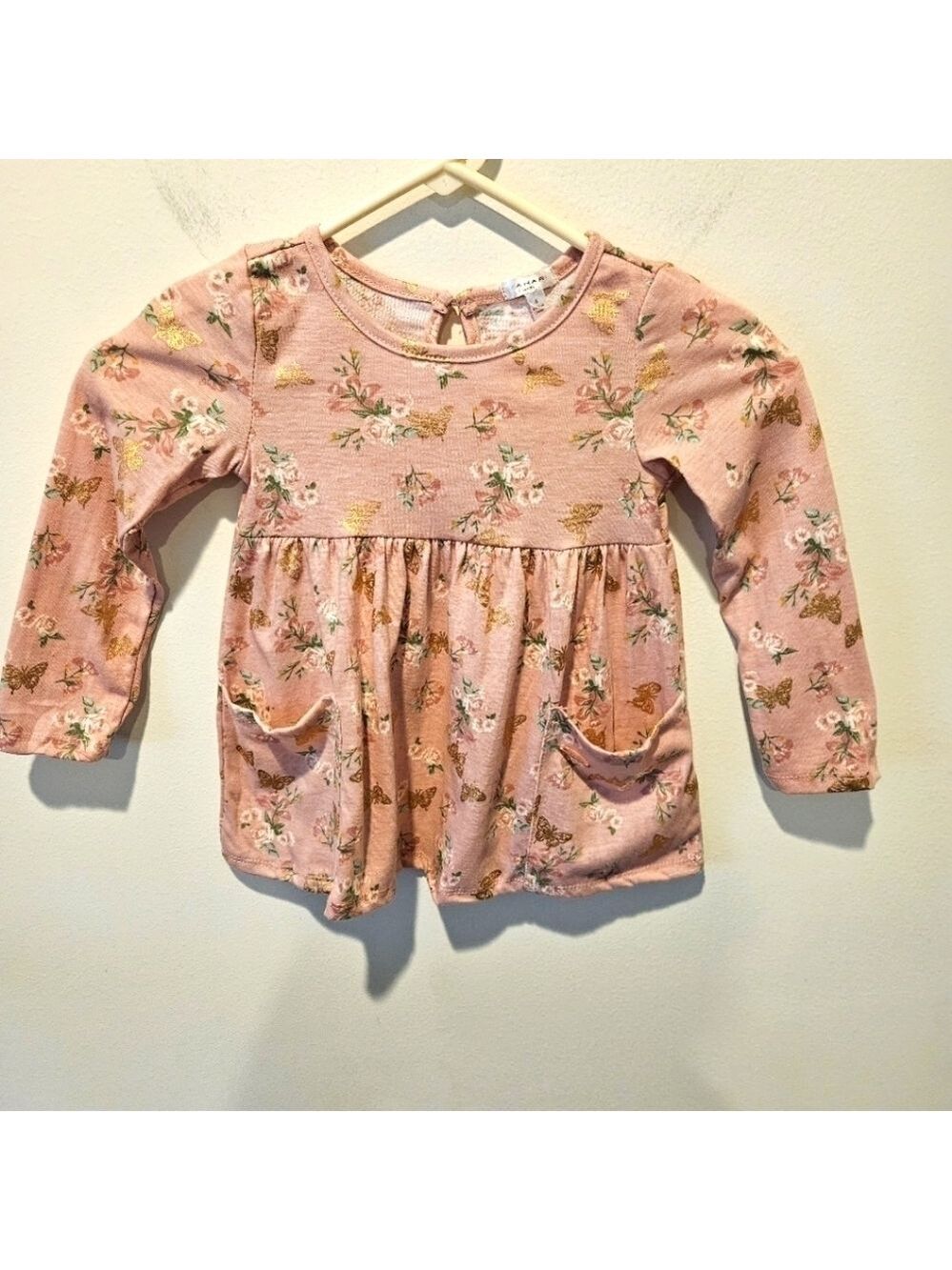 TAHARI GIRL PINK FLORAL DRESS WITH GOLD METALLIC BUTTERFLIES SIZE 4